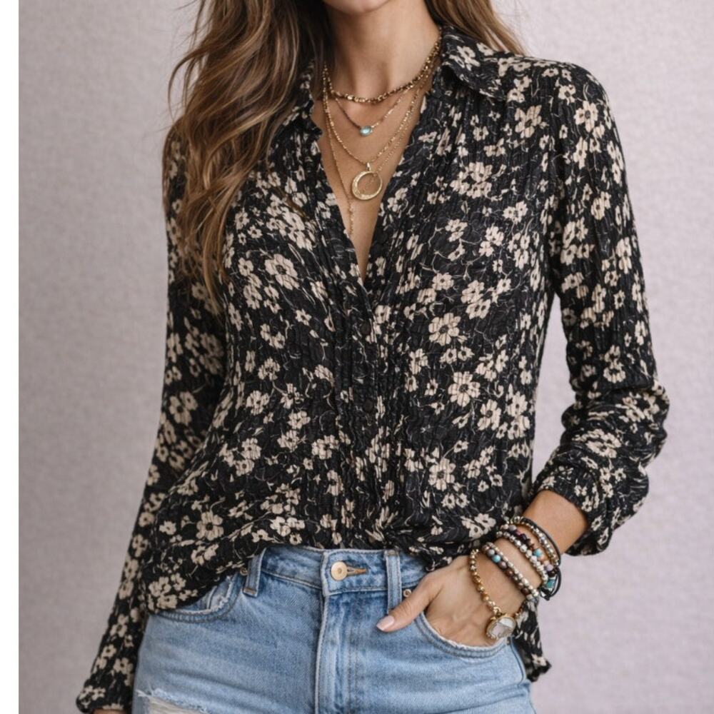 Cino Crinkle Viscose Floral Blouse Black Ivory Button Front Bohemian Indie Style